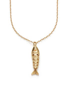 Delicate chain necklace featuring a textured fish pendant with a small stone detail.