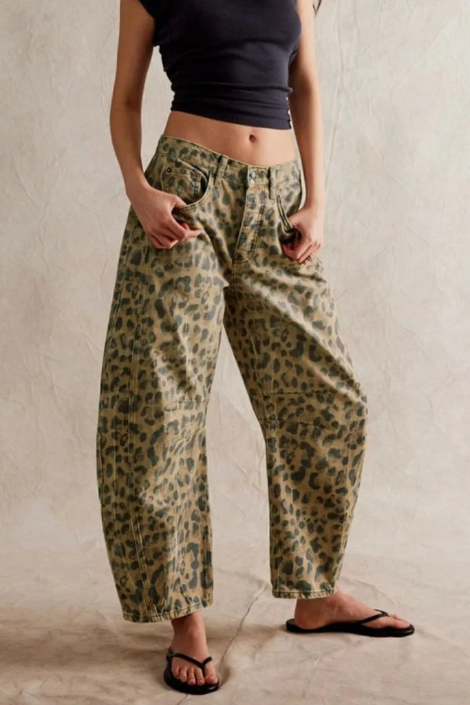 leopard print pants, animal print jeans, wide leg denim, statement pants, trendy fall outfit, printed denim, relaxed fit jeans, neutral leopard trousers, cool girl style, street style outfit