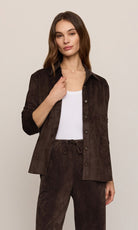 Z Supply Maren Suede Shirt in Dark Roast, styled open over a white tank