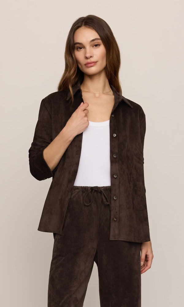 Z Supply Maren Suede Shirt in Dark Roast, styled open over a white tank