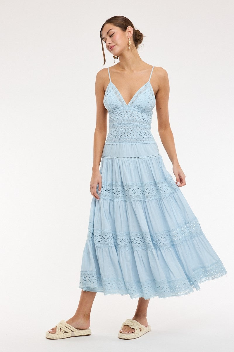 eyelet midi dress, women’s midi dress, tiered midi dress, spaghetti strap dress, boutique women’s dresses, summer midi dress, casual midi dress, feminine midi dress, vacation midi dress, breathable cotton dress