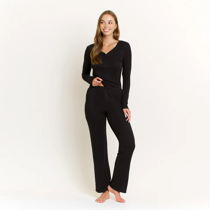 black lounge set women, henley pajama set, women’s black sleepwear, comfy black loungewear, matching lounge set women, soft knit pajama set, minimalist homewear set, elevated loungewear women, black pajama pants set, cozy sleepwear women, casual lounge outfit set, women’s comfy matching set, everyday loungewear essential, chic black pajama set, relaxed fit lounge wear