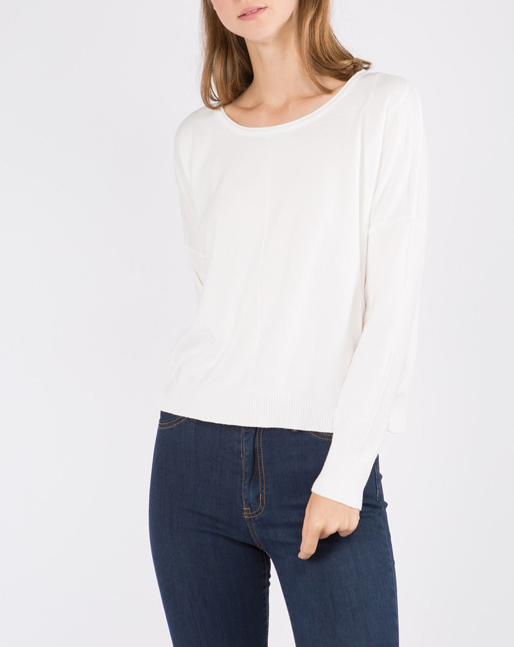 Eliza Front Seam Pullover Off White. This round neck pullover features a front seam and fitted design, the perfect lightweight everyday sweater to have in your closet for any time of year.