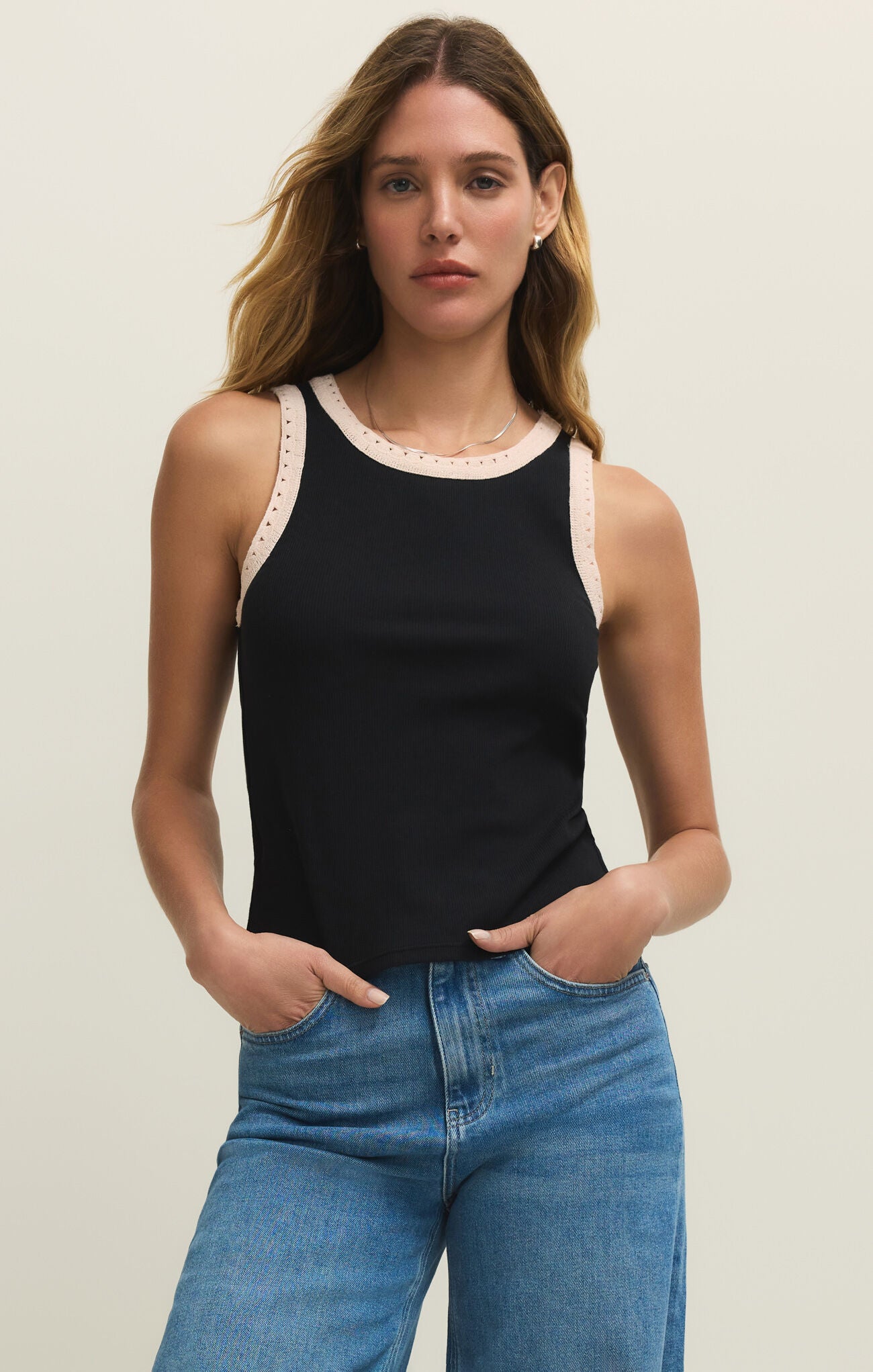 women ribbed tank top, contrast trim tank women, elevated basic tank top, fitted sleeveless top women, everyday essential tank, casual chic summer top, modern minimal tank women, layering tank top women, versatile wardrobe staple top, effortless everyday outfit women