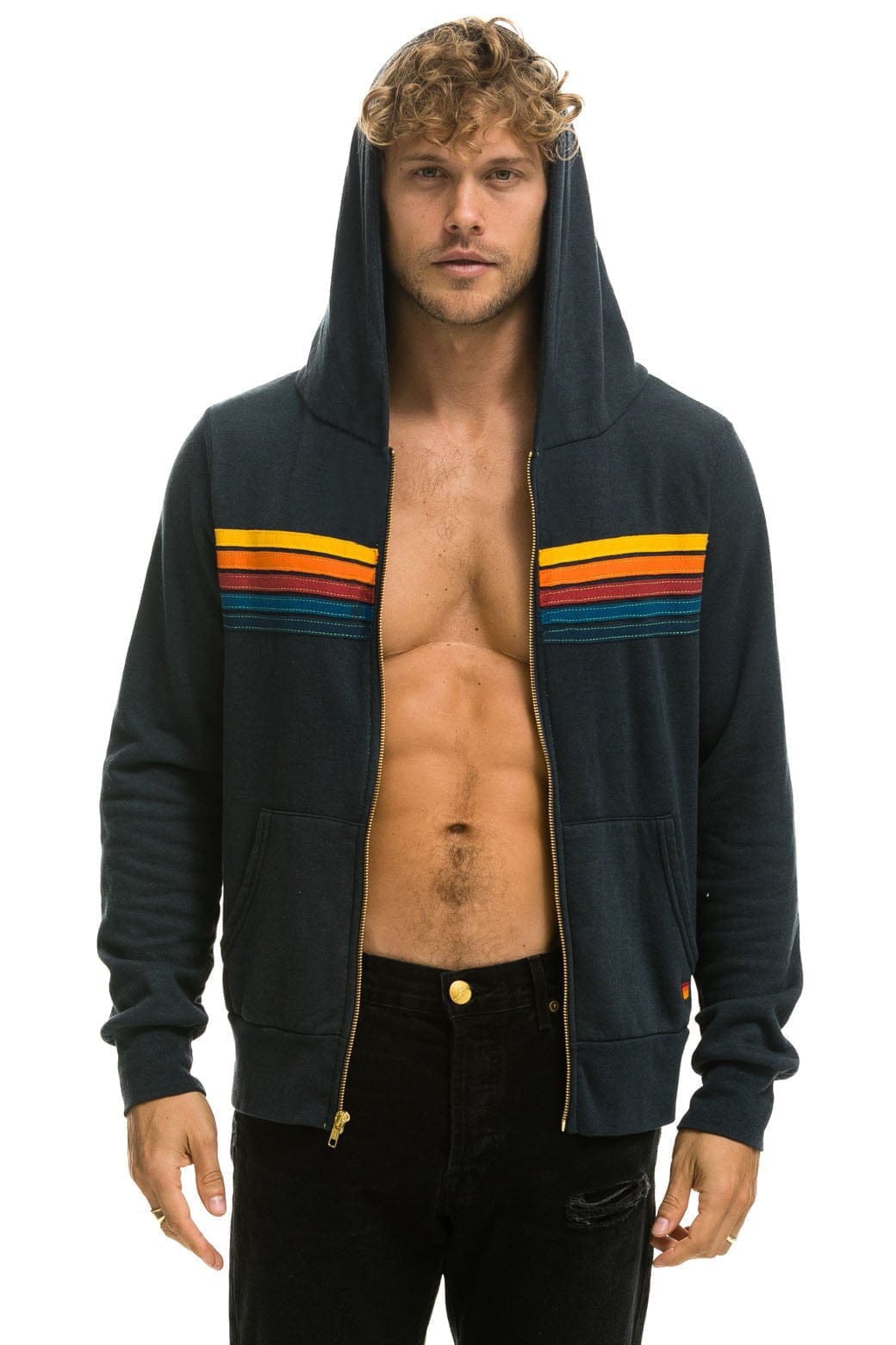 Aviator Nation 5 Stripe Zip Hoodie in Charcoal