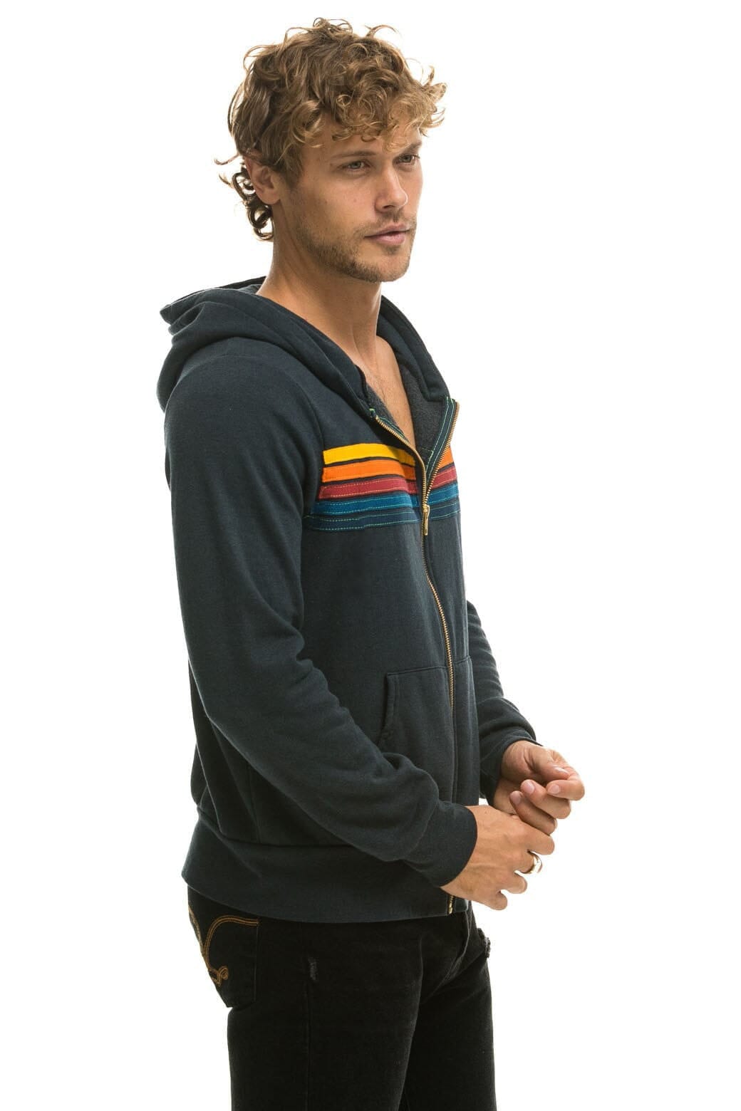 Aviator Nation 5 Stripe Zip Hoodie in Charcoal