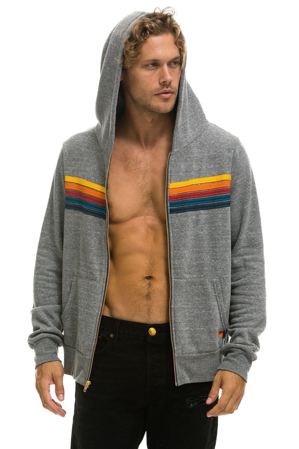 Aviator Nation 5 Stripe Zip Hoodie in Heather Grey
