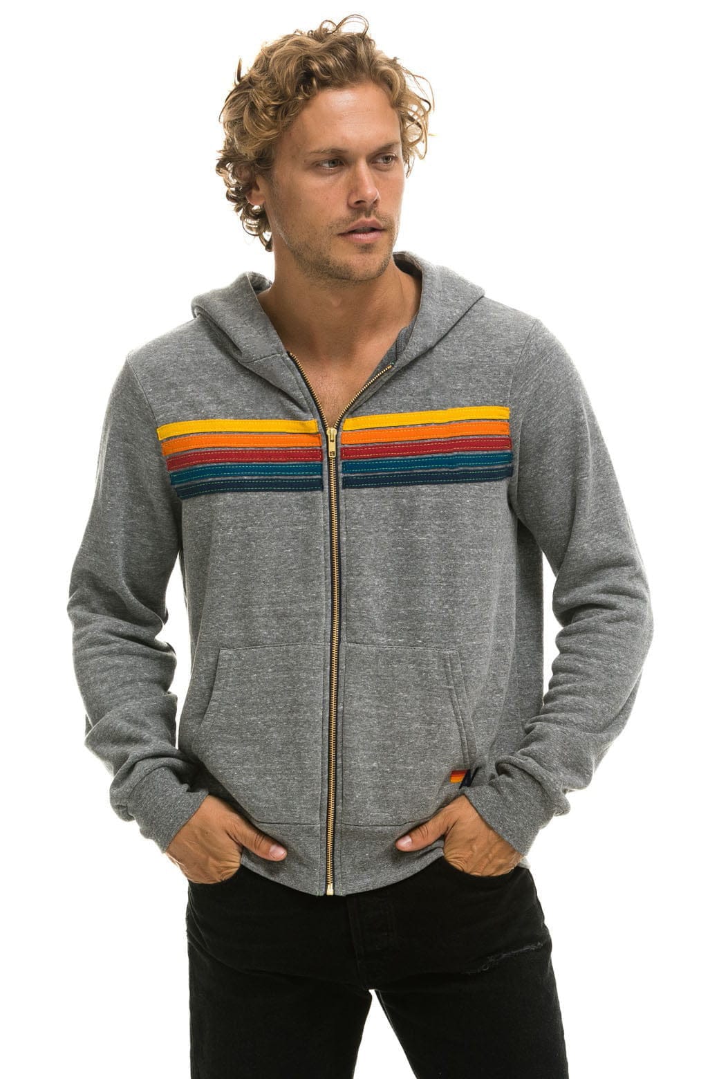Aviator Nation 5 Stripe Zip Hoodie in Heather Grey