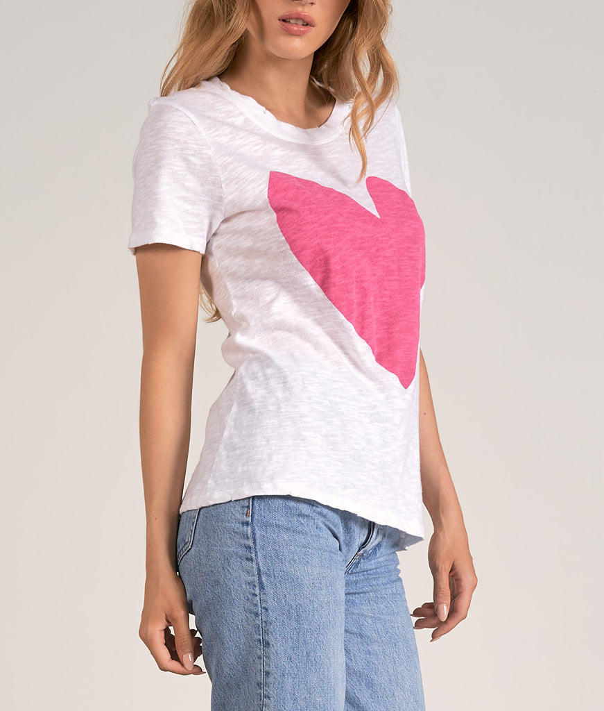 Elan Crewneck Heart T-Shirt White Pink Heart. This classic printed tee comes in&nbsp;a soft all-cotton everyday staple. Style with jeans or layer under denim jackets for an easy, casual look.