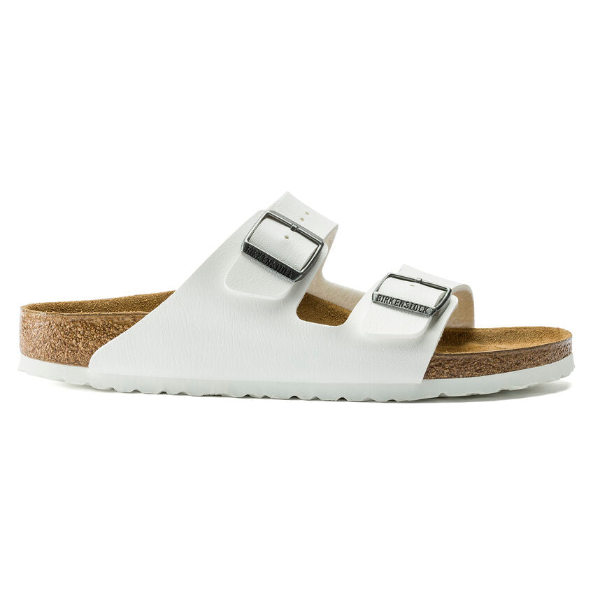 Birkenstock Arizona Birko-Flor White. An icon of timeless design and legendary comfort, the Arizona sandal comes in durable Birko-Flor for a classic, leather-like finish. Complete with signature design elements, like a contoured cork-latex footbed for the ultimate in support.