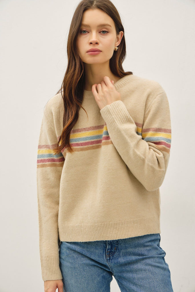 striped sweater, rainbow stripe sweater, oatmeal knit sweater, cozy crewneck sweater, fall layering piece, casual women’s sweater, soft knit top, everyday pullover, classic stripe sweater, neutral fall outfit