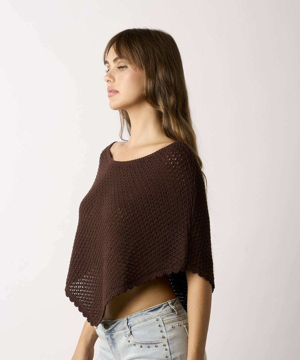 Moonbeam Short Boat Neck Poncho Sweater in Brown, side view