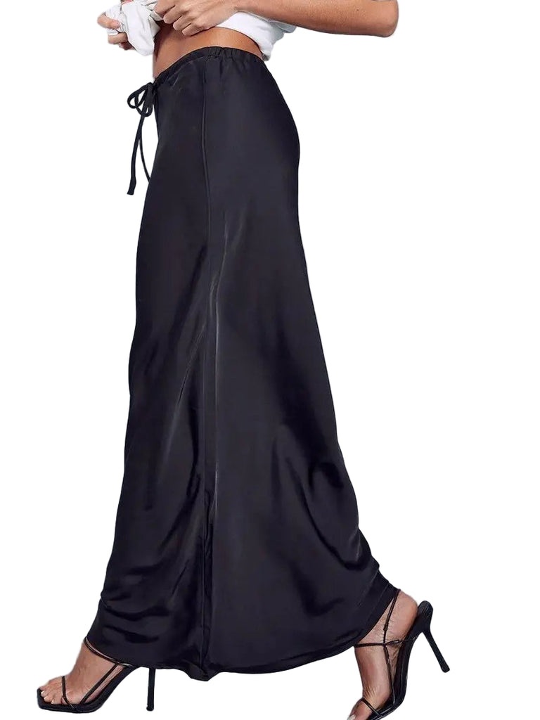 High waist satin drawstring maxi skirt