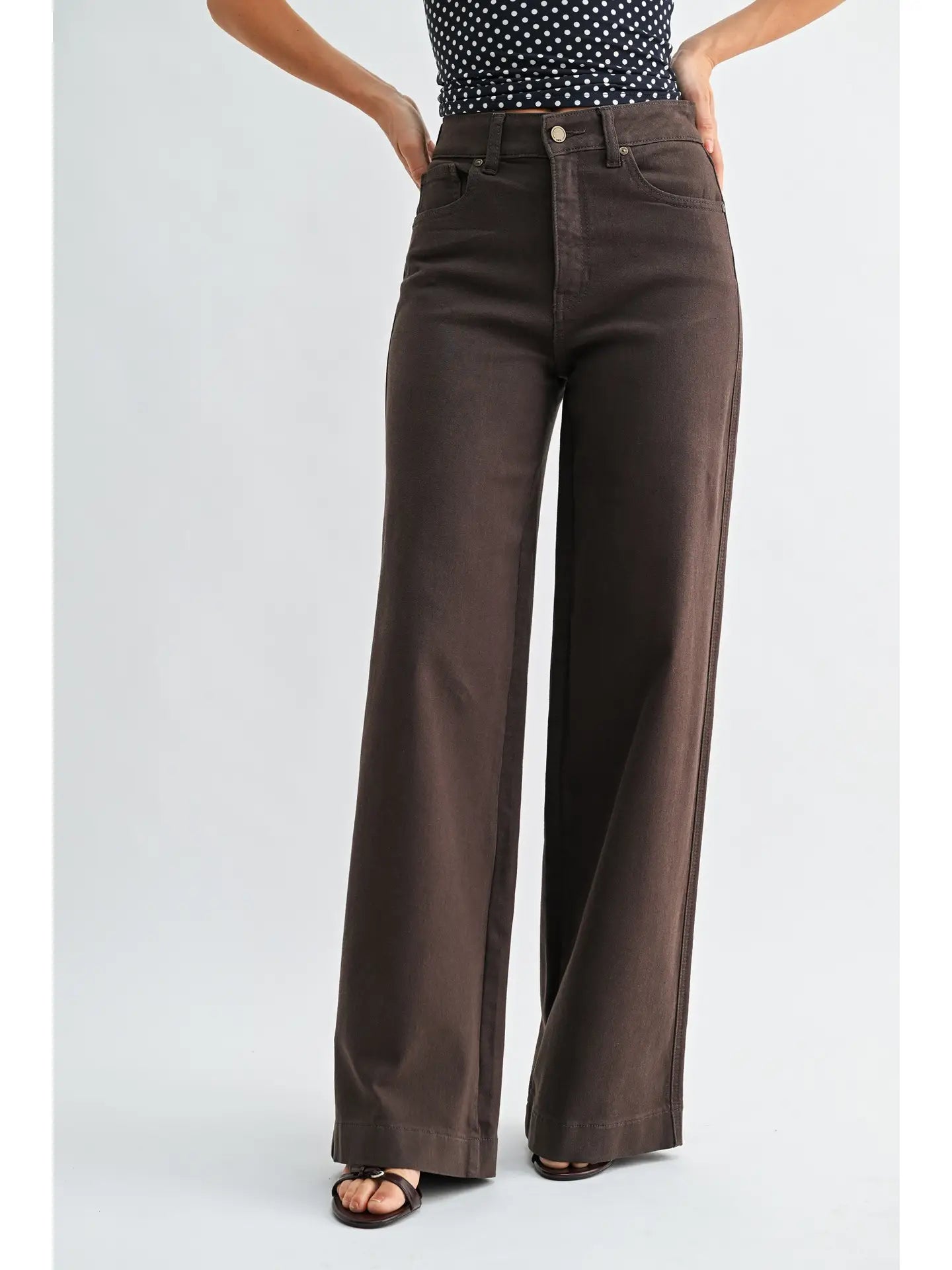 High-rise wide-leg jeans with five-pocket styling and full-length silhouette.