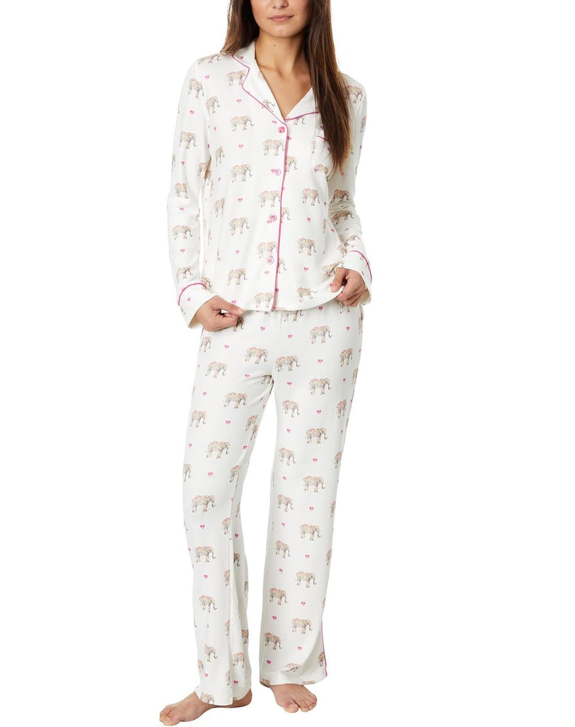 PJ Salvage Love A Ton PJ Set Ivory. Cozy up in these relaxed-fit pajamas highlighted by a delightful elephant print interspersed with sweet hearts and topped with a handy chest pocket.