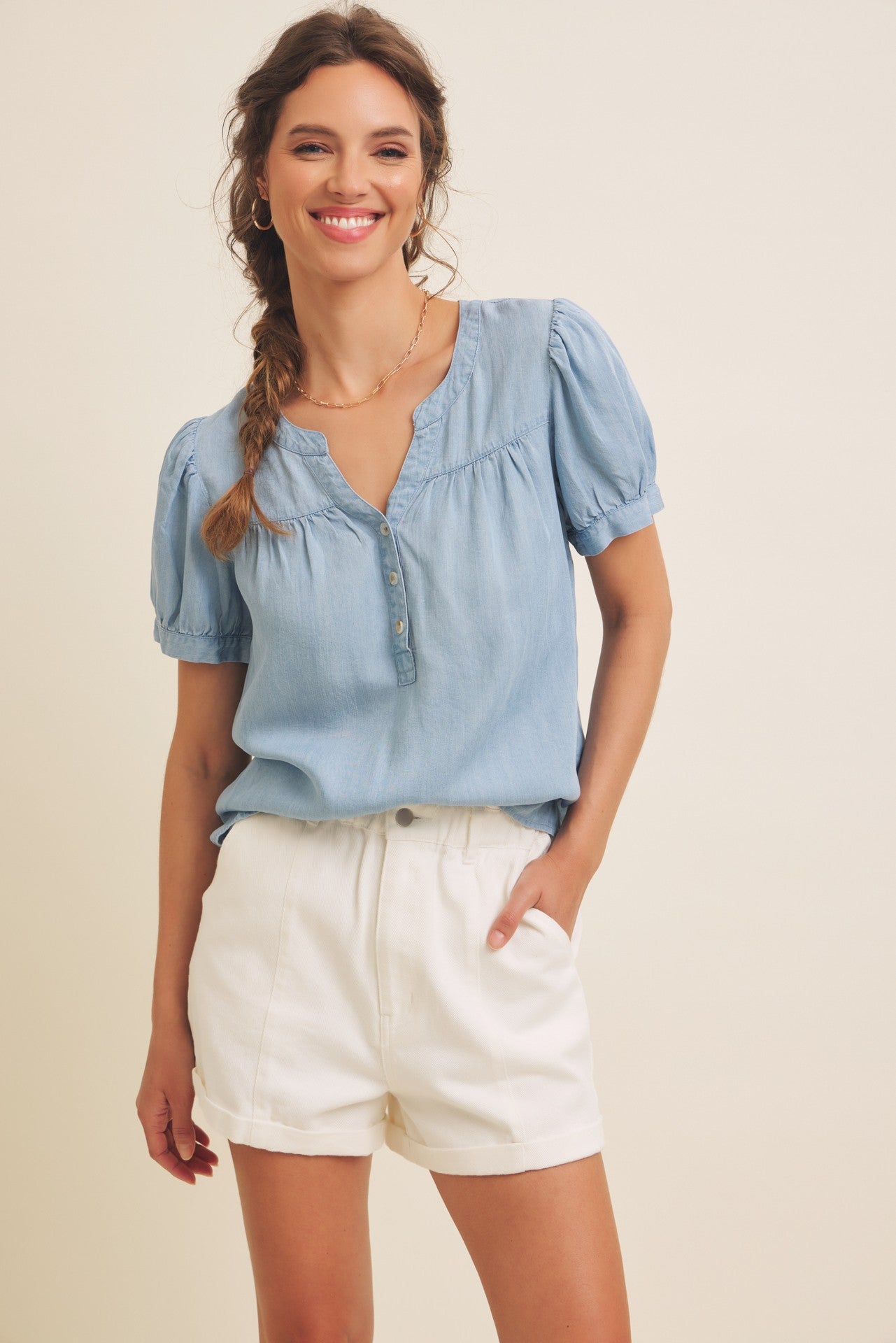 short puff sleeve  chambray tencel top