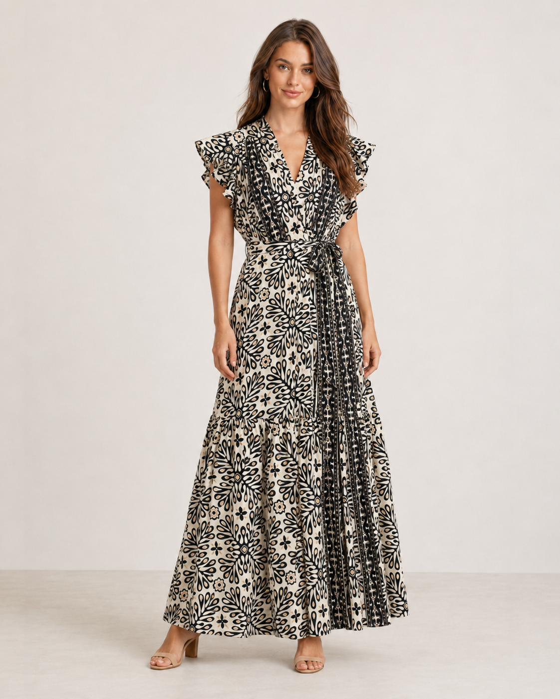 woman wearing a blue printed sleeveless wrap maxi dress with ruffle trim on the sleeves and a tie waist