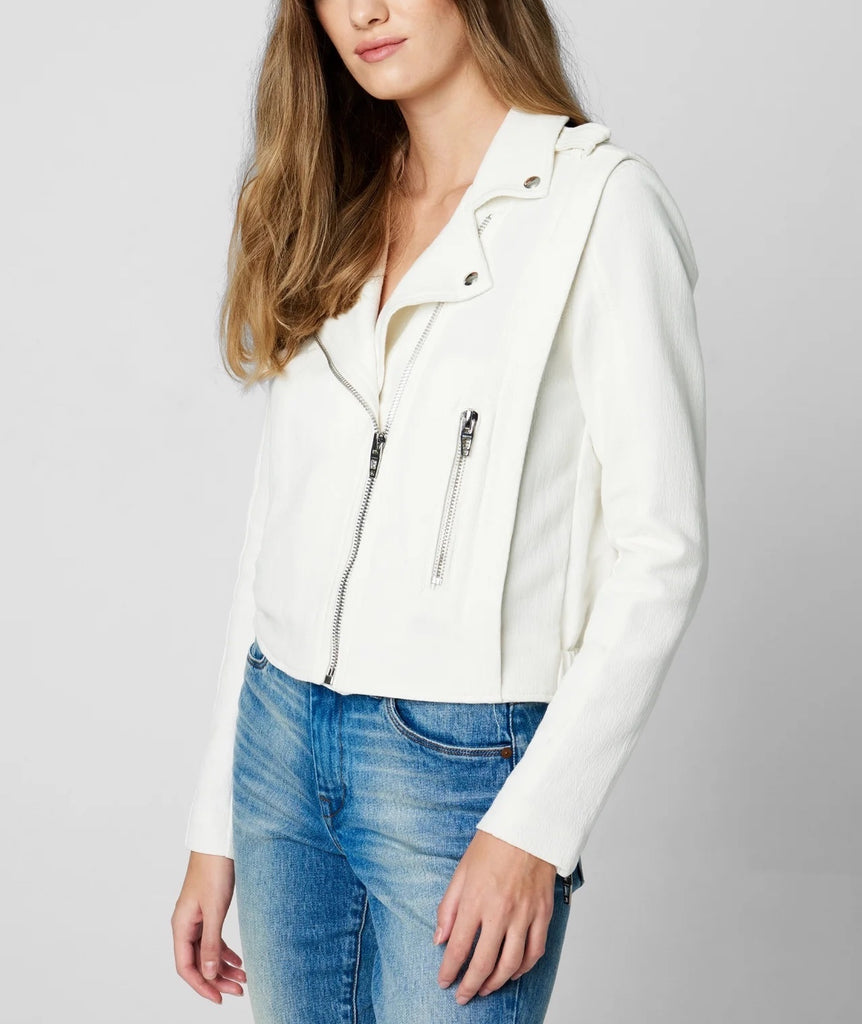Blank NYC Crepe Moto Jacket White. This crepe fabric moto style jacket is the perfect lightweight layering piece for the spring and summer, throw it on with jeans and top for a cute effortless outfit.