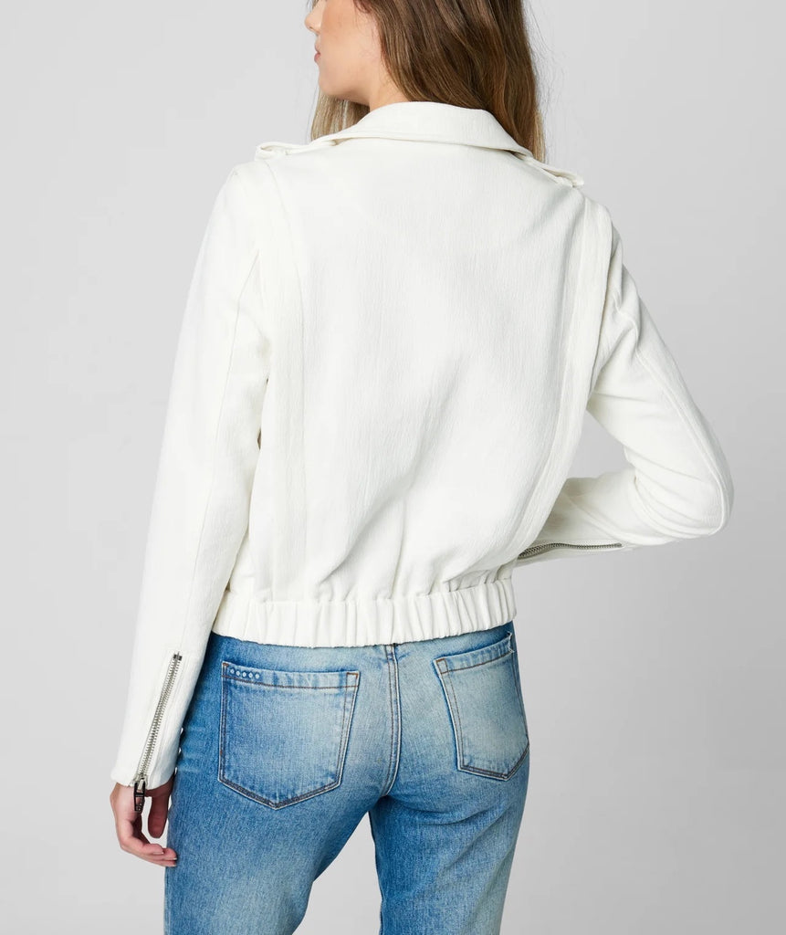 Blank NYC Crepe Moto Jacket White. This crepe fabric moto style jacket is the perfect lightweight layering piece for the spring and summer, throw it on with jeans and top for a cute effortless outfit.