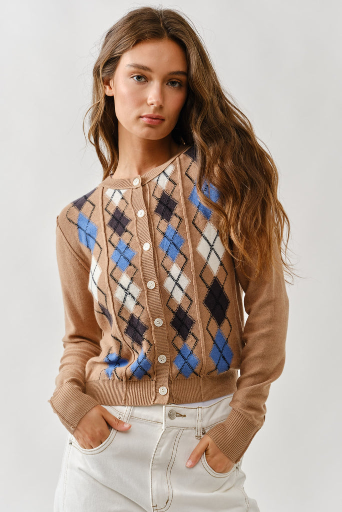 argyle cardigan, preppy sweater, camel knit cardigan, button-up sweater, classic argyle top, fall layering piece, cozy knit cardigan, blue argyle pattern, retro inspired cardigan, casual preppy style