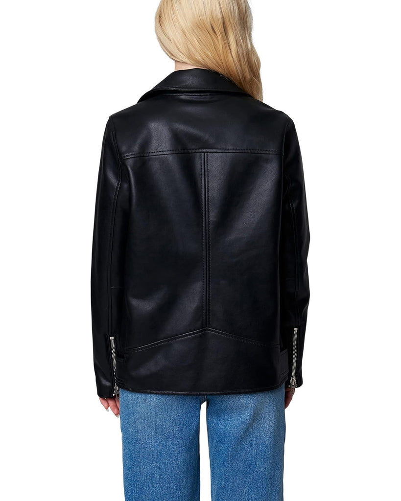 Blank NYC Oversized Leather Moto Black. Style your look in this classy and shiny Leather Moto Jacket with a fabulous zippered front closure that complements its button-accented notch-lapel collar and long sleeves.