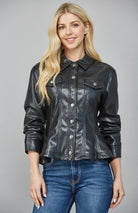 peplum vegan leather jacket, women’s faux leather jacket, black peplum jacket women, fitted leather jacket, structured vegan leather jacket, chic fall jacket women, edgy women’s outerwear, flattering peplum jacket, snap button leather jacket, women’s statement jacket, modern leather jacket, going out jacket women, boutique leather jacket, fall wardrobe essential, sleek black jacket women