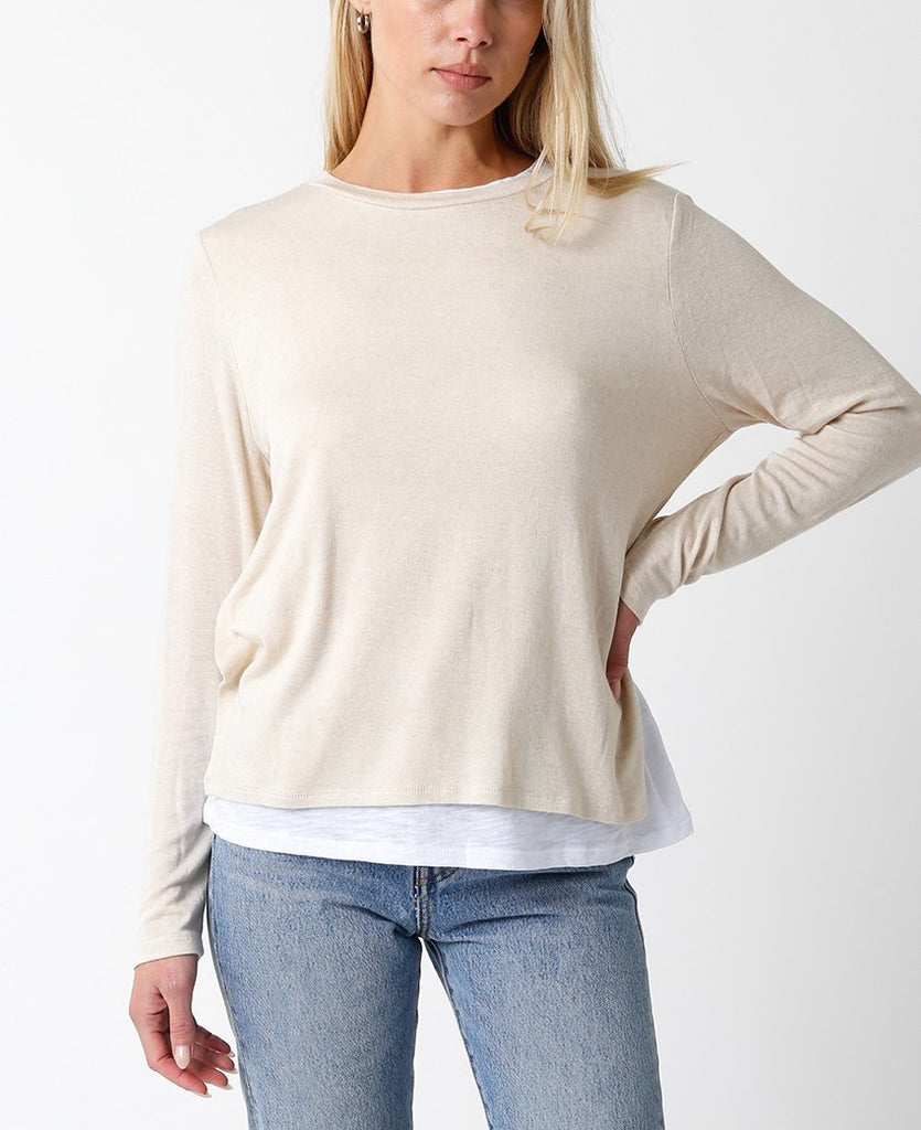 Samantha Layered Top Natural White. This layered sweater top gives the illusion of a white tee under the sweater without the added bulk, perfect for wearing day or night for a quick easy look.