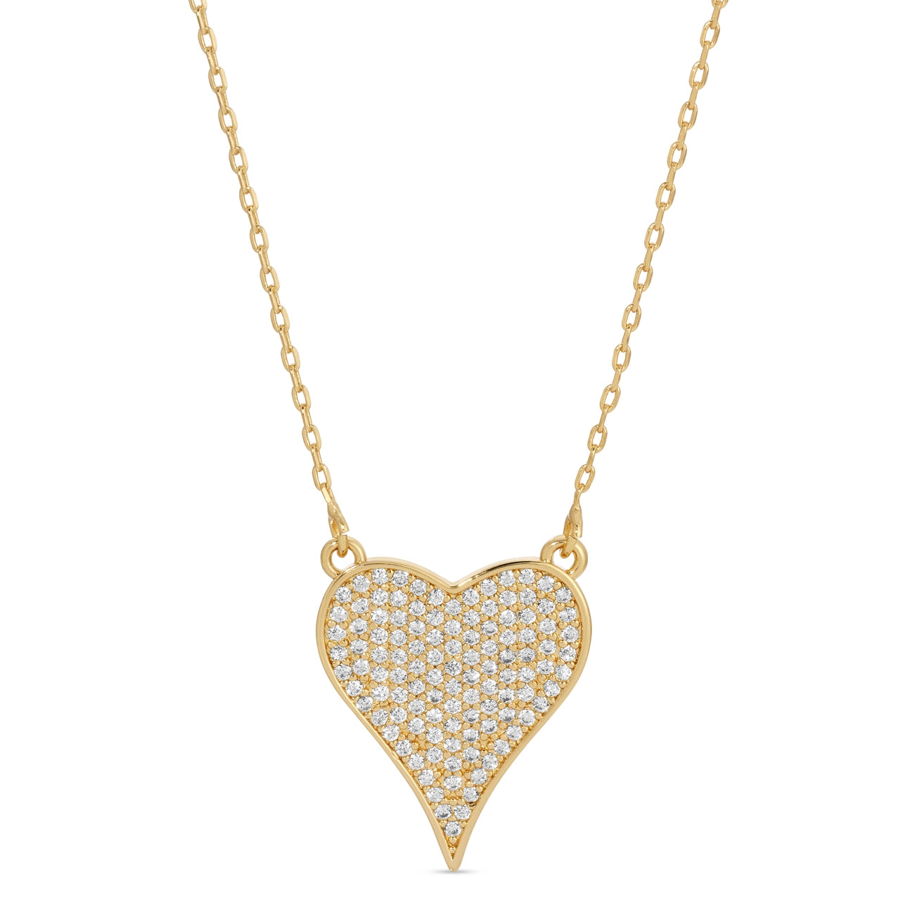 Gold heart pendant necklace with pavé crystal detailing on a delicate chain.