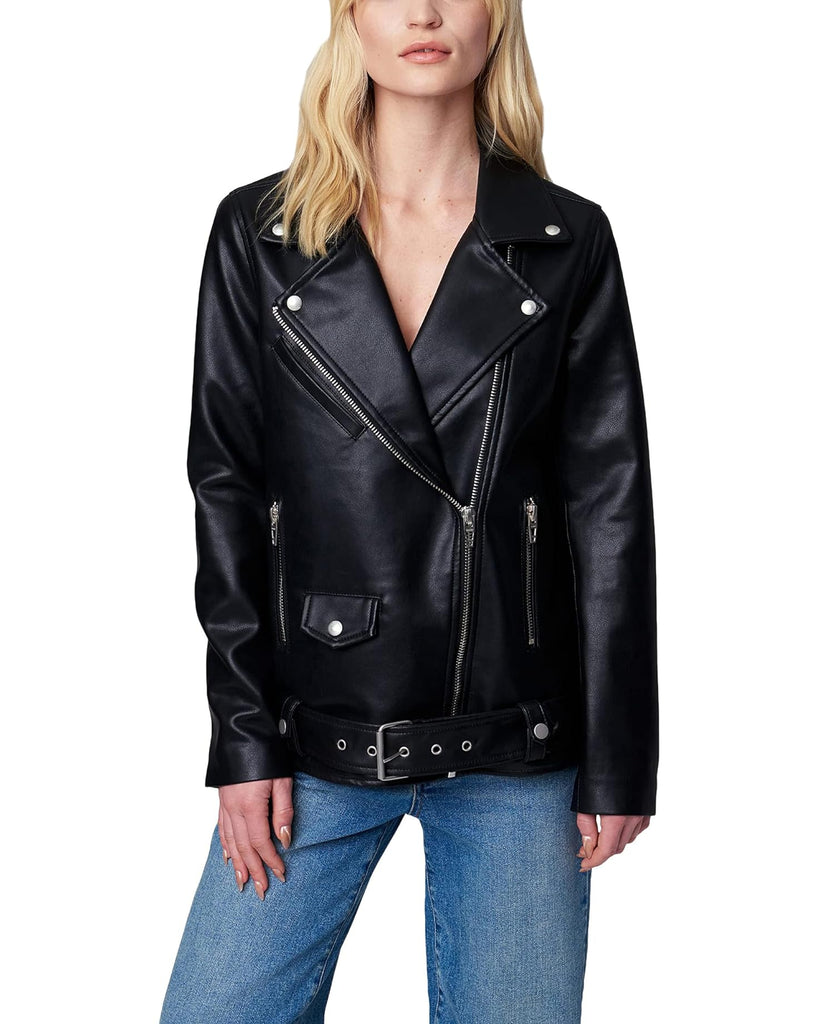 Blank NYC Oversized Leather Moto Black. Style your look in this classy and shiny Leather Moto Jacket with a fabulous zippered front closure that complements its button-accented notch-lapel collar and long sleeves.