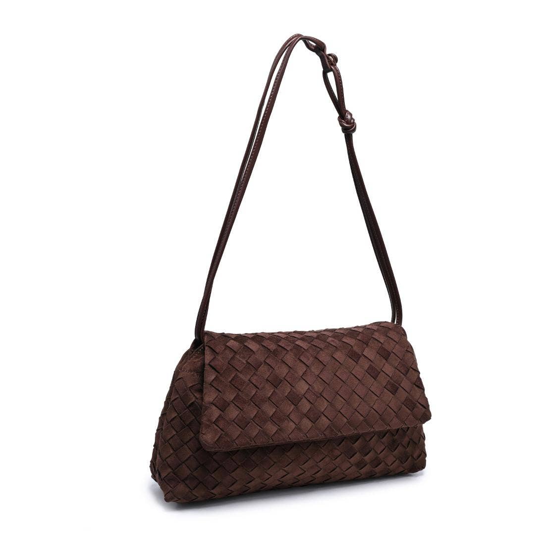 A dark brown woven leather shoulder bag with a long adjustable strap, displayed against a solid white background.