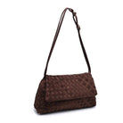 A dark brown woven leather shoulder bag with a long adjustable strap, displayed against a solid white background.