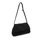 A black woven leather shoulder bag with a long adjustable strap, shown on a plain white background.