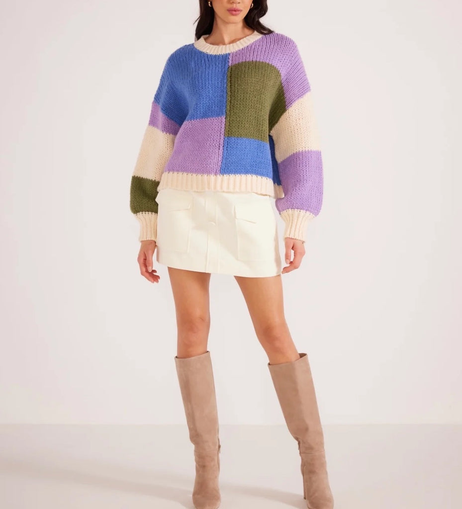 Amelia Color Block Sweater Multi Colors. This cozy sweater features a fun colorblock design, perfect for adding a pop of color to any outfit, wear it with your fav jeans or leggings for a comfy cute look.