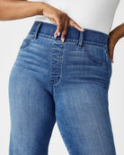 Spanx Kick Flare Jeans Blue. Designed with premium stretch denim, high-rise coverage and hidden core shaping technology, this pull-on jean features a flattering kick flare leg.