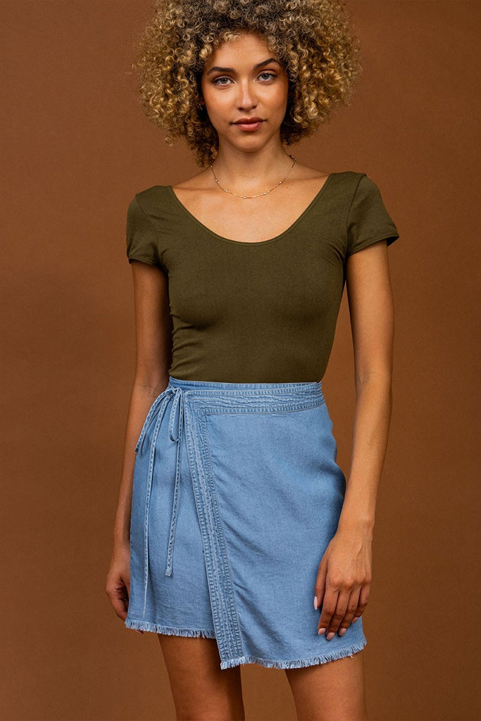 asymmetrical tencel denim wrap skirt