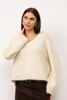 ivory oversized knit sweater, women’s V-neck sweater, cozy fuzzy sweater, relaxed fit fall sweater, ivory pullover knit, soft winter sweater