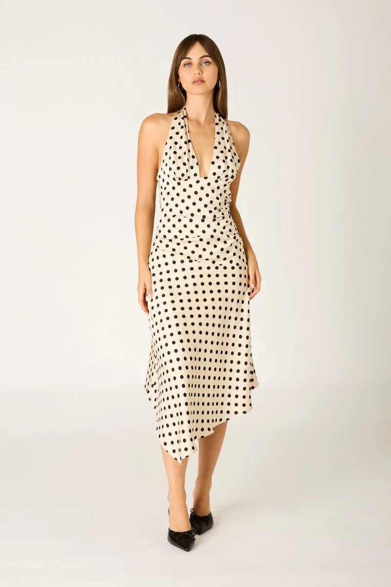 Polka dot midi dress with halter neckline and draped front