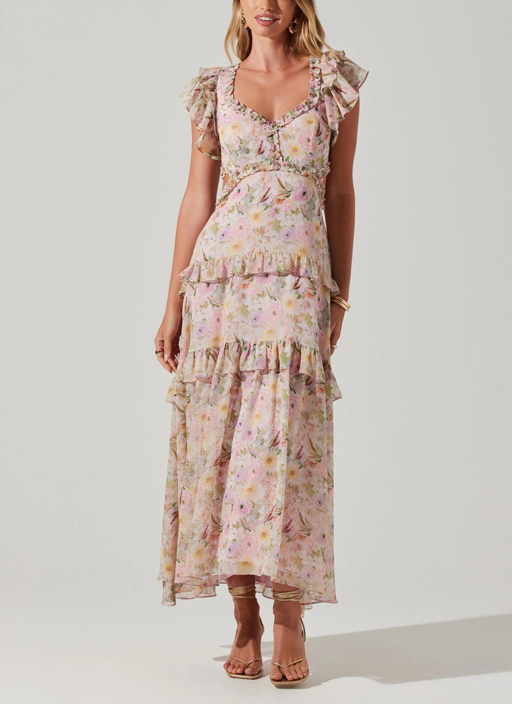 Astrid Mable Dress Multi Floral. This stunning maxi dress features a floral print, ruffle sleeves and trim, tiered maxi skirt, cutout back and tie straps with a concealed back zipper, so pretty and perfect for spring.