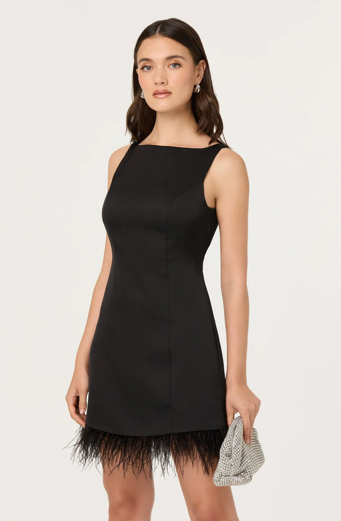 feather trim dress, black mini dress, satin party dress, holiday cocktail dress, little black dress, feather hem mini, glam holiday outfit, chic evening dress, timeless LBD, new year’s eve outfit