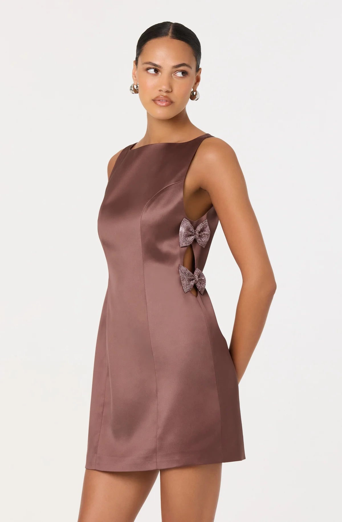 satin mini dress, bow cutout dress, mauve party dress, rhinestone bow dress, satin holiday dress, cocktail mini dress, chic satin outfit, holiday party outfit, flirty mini dress, satin night out dress
