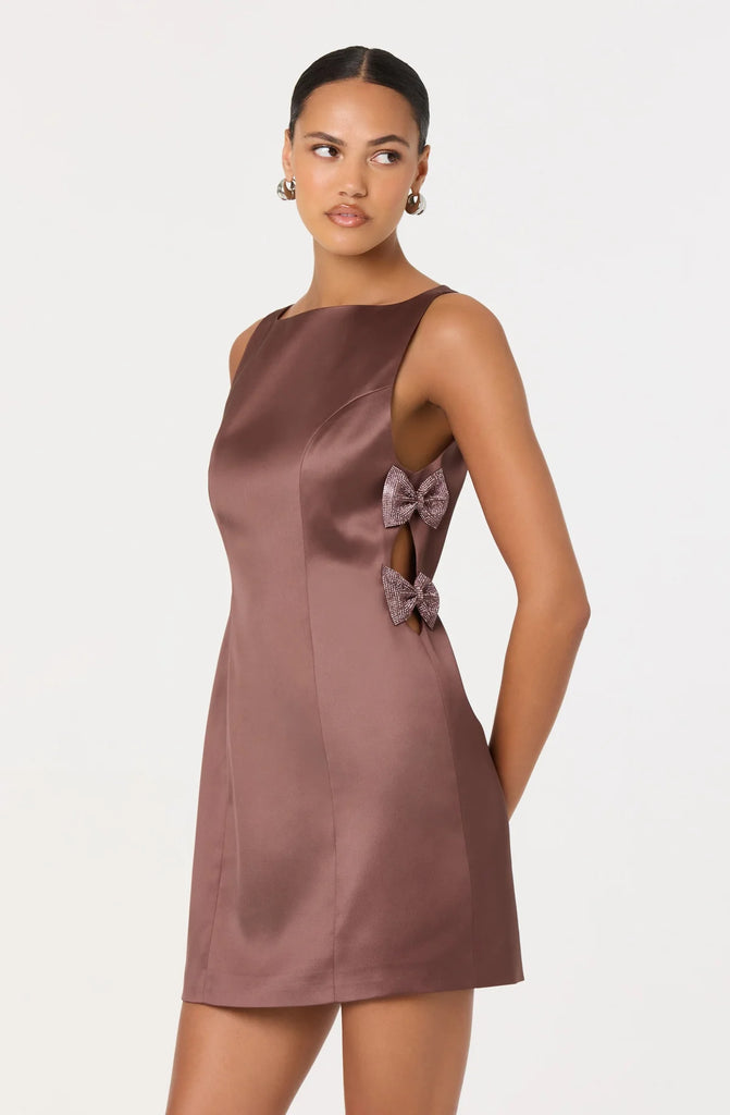 satin mini dress, bow cutout dress, mauve party dress, rhinestone bow dress, satin holiday dress, cocktail mini dress, chic satin outfit, holiday party outfit, flirty mini dress, satin night out dress