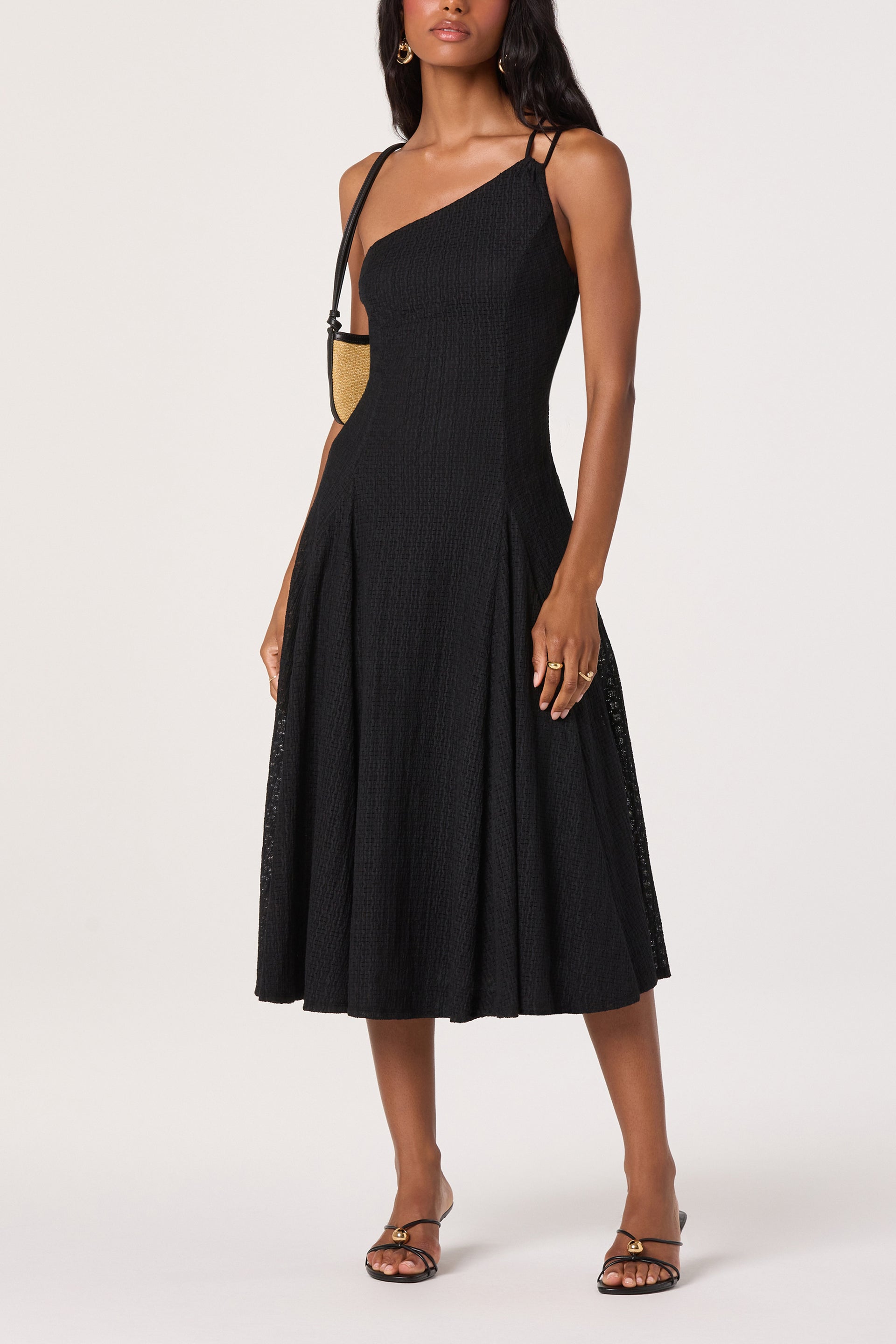 nola formal dresses ASTR the Label | One-Shoulder Knit Midi Dress in Black Cut to an approximate Color:Geometric product_group:gold_fringe PINTORESCO White Dress for