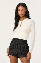 astr yasmine off white date night holiday top ruched top flattering top white top long sleeve trendy top