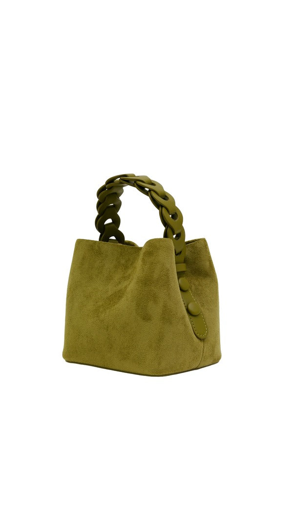 Alexa Koi Woven Handle Suede Mini Bag in Chartreuse, side view