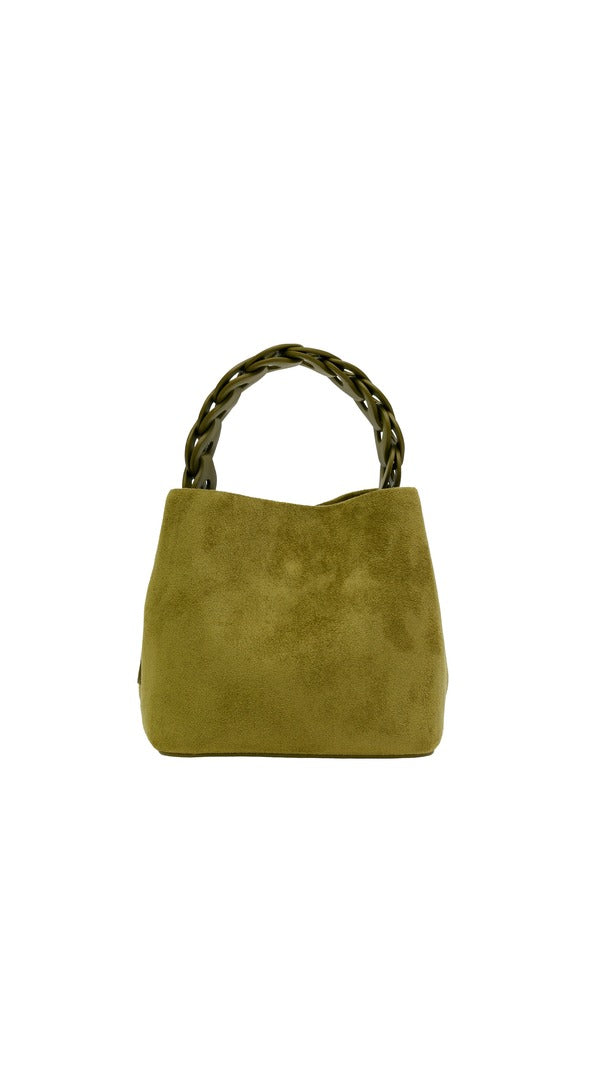 Alexa Koi Woven Handle Suede Mini Bag in Chartreuse, front view