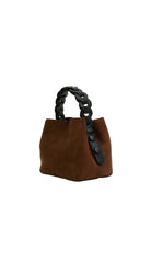 Alexa Koi Woven Handle Suede Mini Bag in Dark Brown, side view
