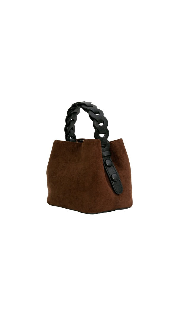 Alexa Koi Woven Handle Suede Mini Bag in Dark Brown, side view