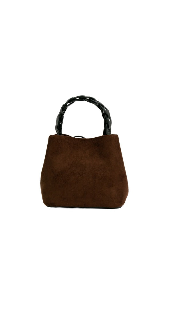 Alexa Koi Woven Handle Suede Mini Bag in Dark Brown, front view