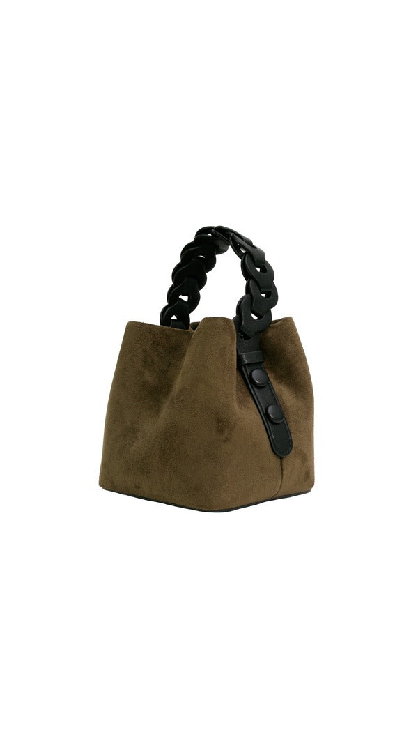 Alexa Koi Woven Handle Suede Mini Bag in Olive, side view