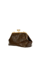 Alexa Koi Elongated Croc Clutch in Dark Brown, detail view